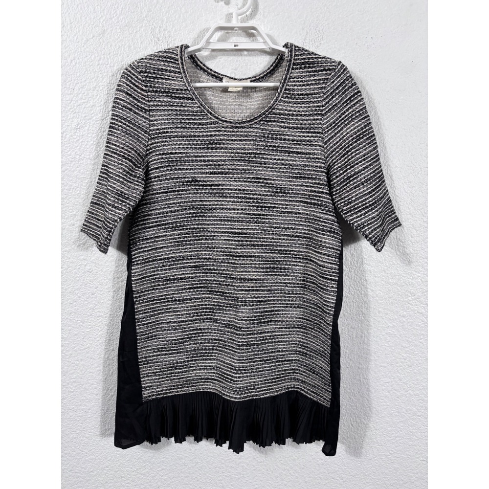 Clu + Willoughby Tunic Womens Small Black White Metallic Tweed Pleated Hem
